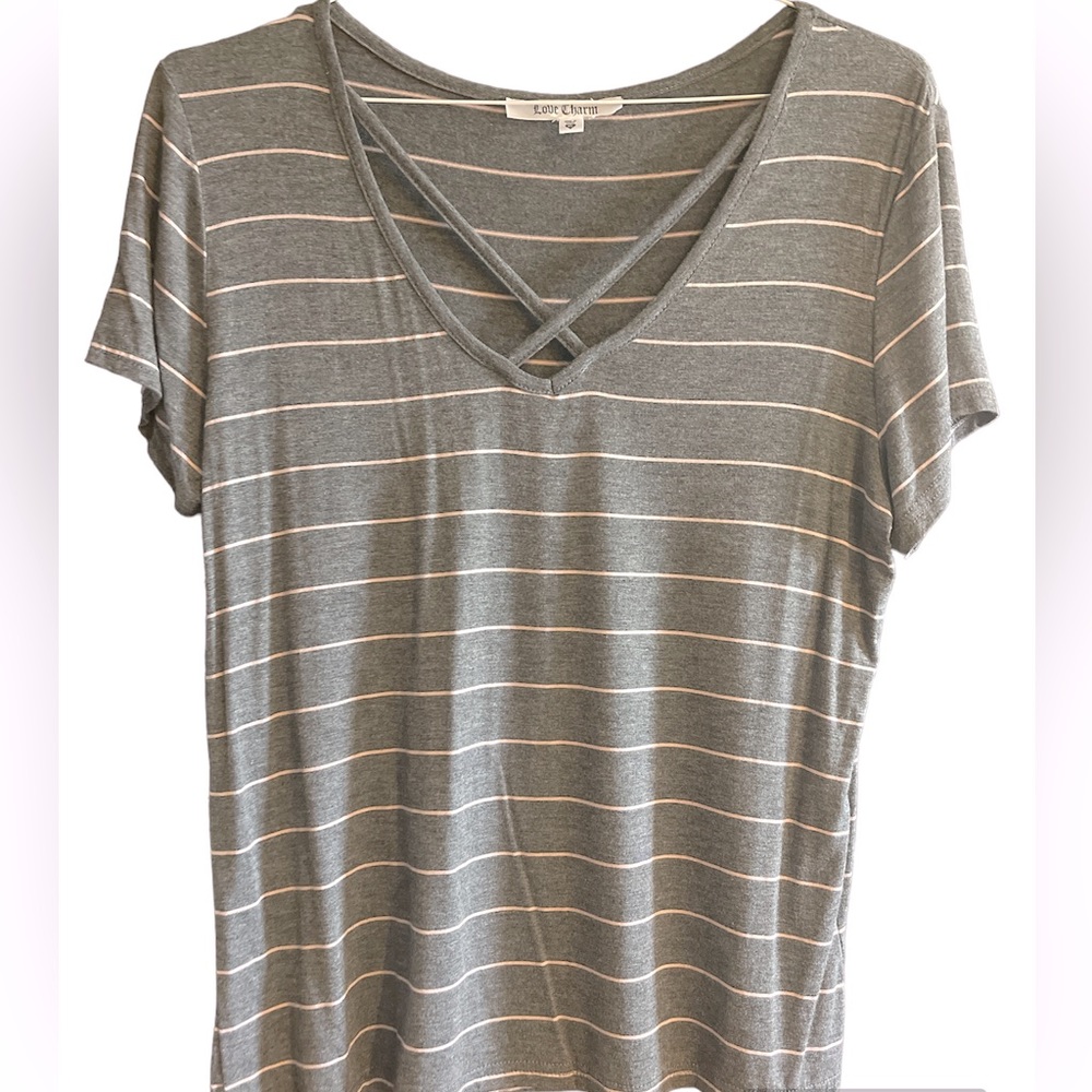 Love charm, fancy V-neck with cross front detailing, gray and pink tee